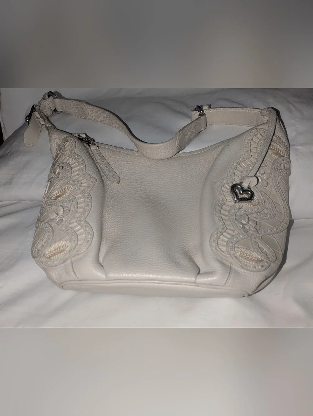 Brighton Off White Nikki Leather Shoulder Bag with Floral  Applique Heart Charm